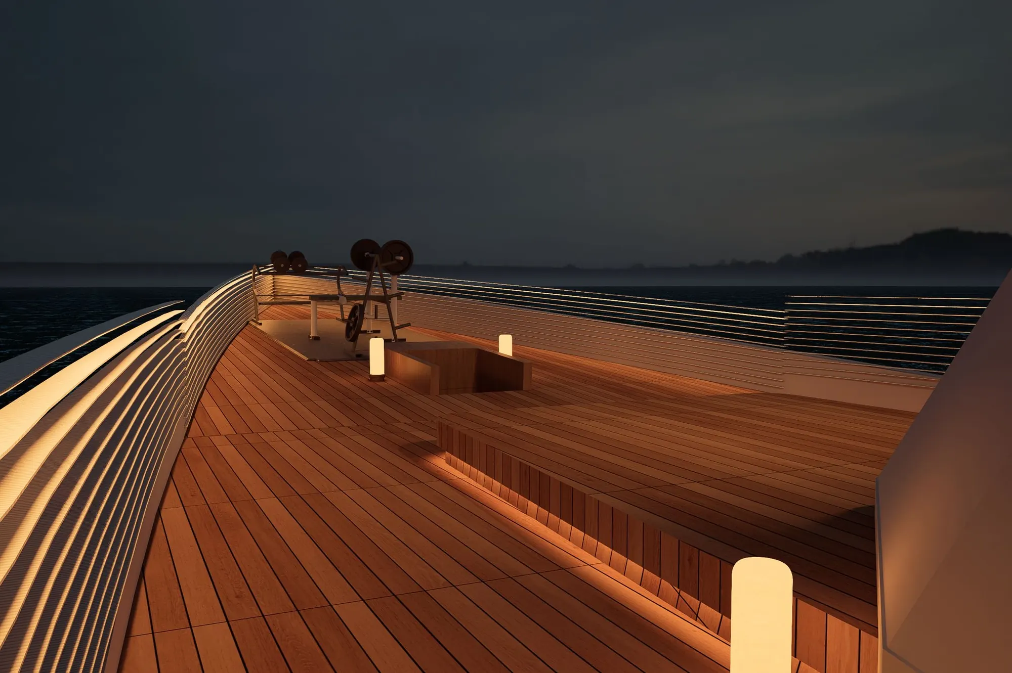 Design render of the foredeck at dusk
